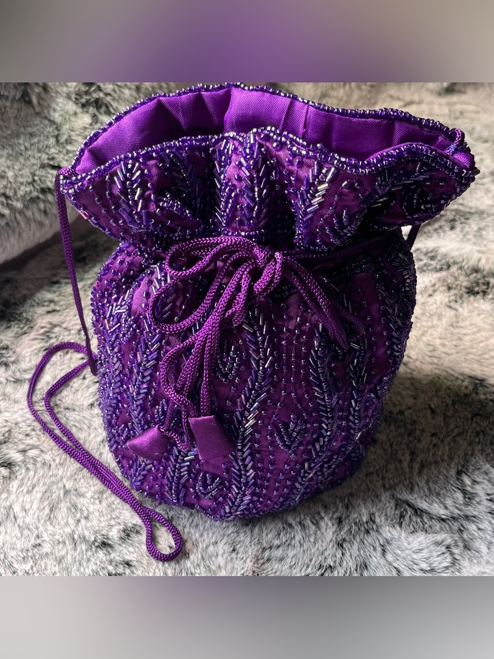 Artisan Purple Glass Beaded Drawstring Bucket Bag, Hand Embellished - Picture 6 of 15